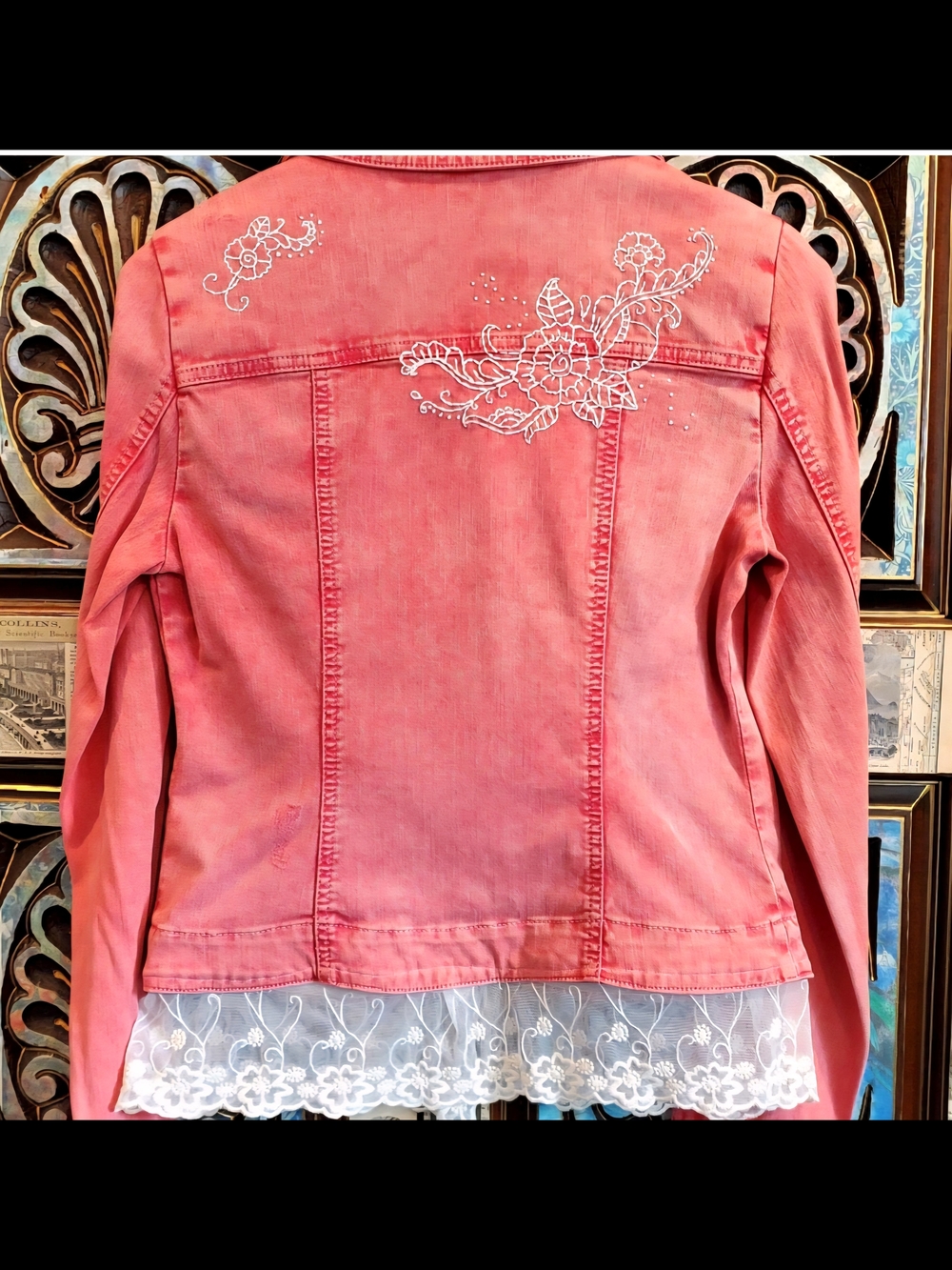 Coral Pink Hand Embroidered Upcycled Lacy Trim Jean Jacket S/M